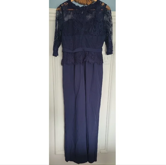 Shein Navy Blue Belted Lace Illusion Neckline Jumpsuit - Picture 4 of 7